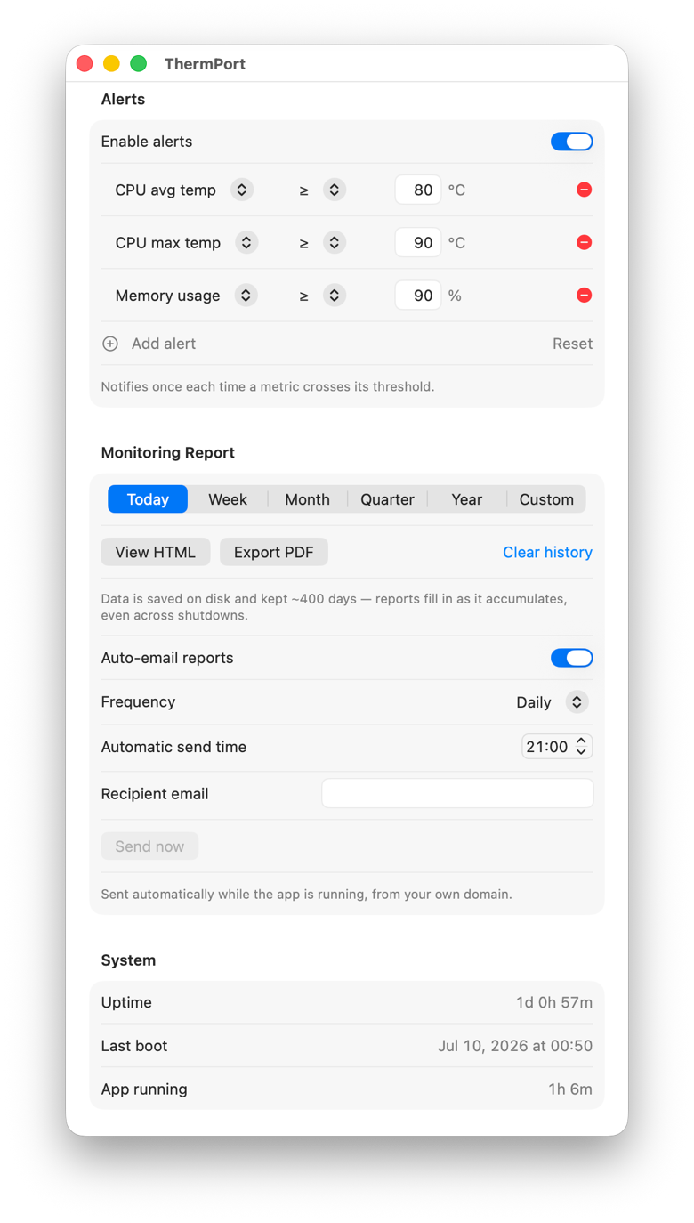 Alerts rules plus the Monitoring Report controls and system info