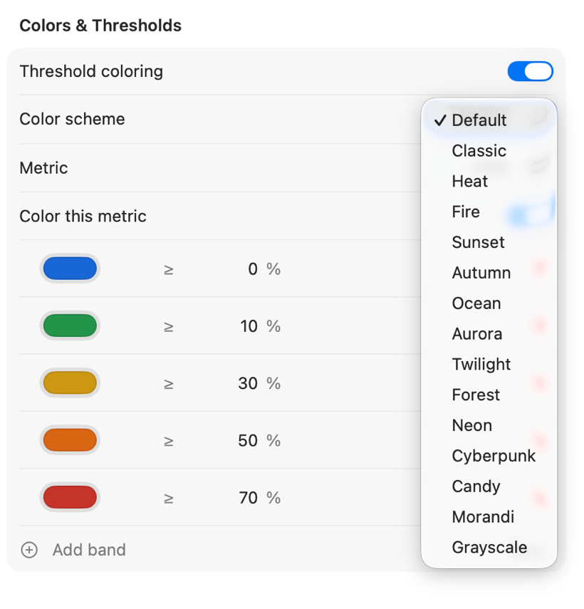 Colors settings with the palette menu open, showing all 15 palettes and the color bands
