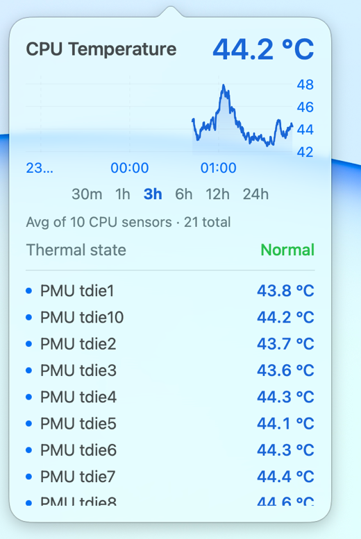 CPU Temperature detail panel with a live chart, every thermal sensor and the thermal state