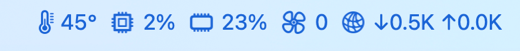 ThermPort in the macOS menu bar showing temperature, CPU %, memory %, fan RPM and network speed