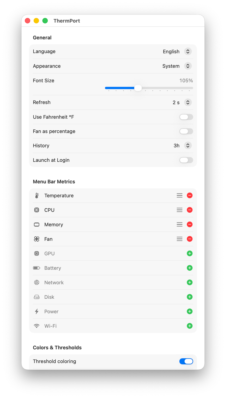 ThermPort settings: General options and the drag-to-reorder Menu Bar Metrics list